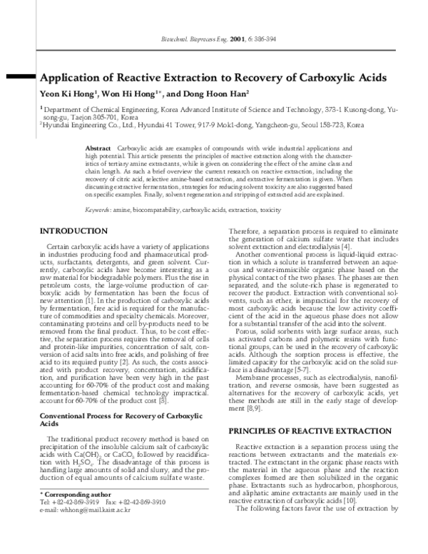 (PDF) Application of reactive extraction to recovery of carboxylic acids