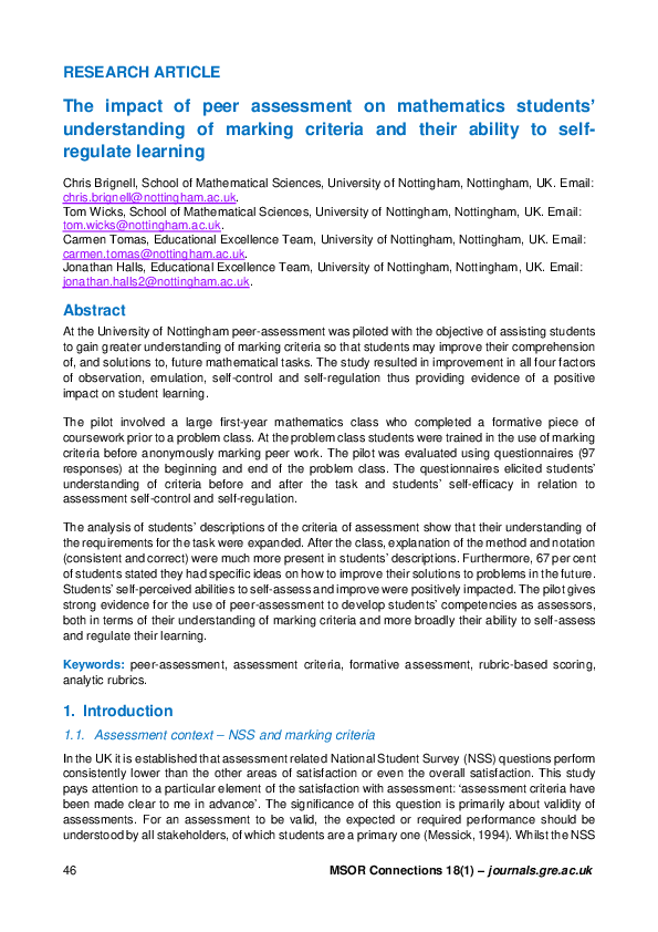 (PDF) The impact of peer assessment on mathematics students ...