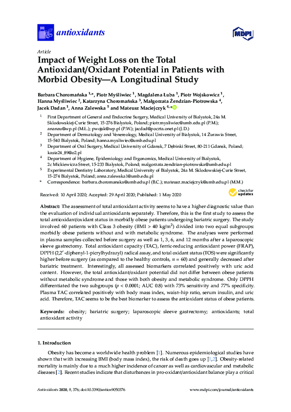(PDF) Impact of Weight Loss on the Total Antioxidant/Oxidant Potential ...