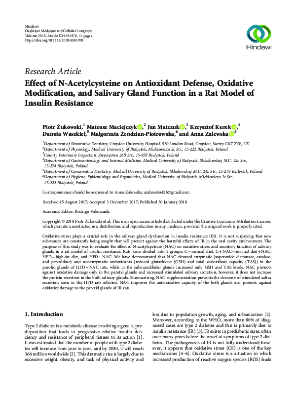 (PDF) Effect of N-Acetylcysteine on Antioxidant Defense, Oxidative ...