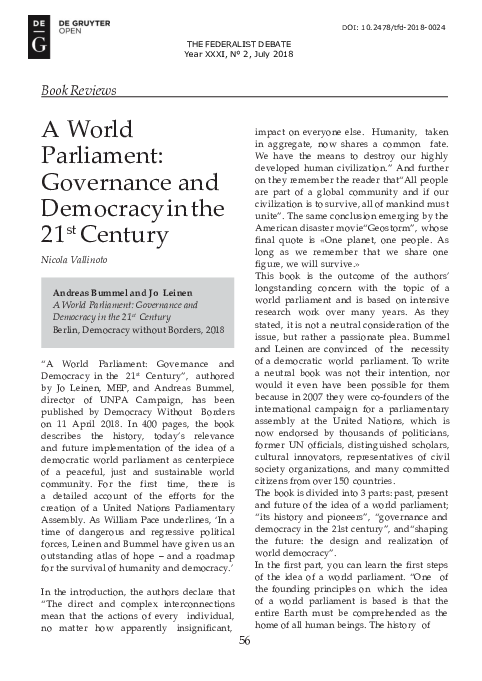 (PDF) A World Parliament: Governance and Democracy in the 21st Century