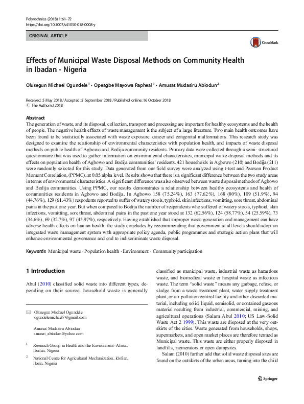 (PDF) Effects of Municipal Waste Disposal Methods on Community Health ...