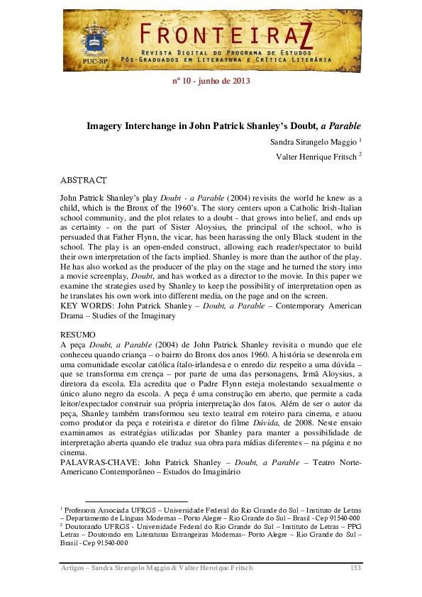 (PDF) Imagery Interchange in John Patrick Shanley’s Doubt, a Parable