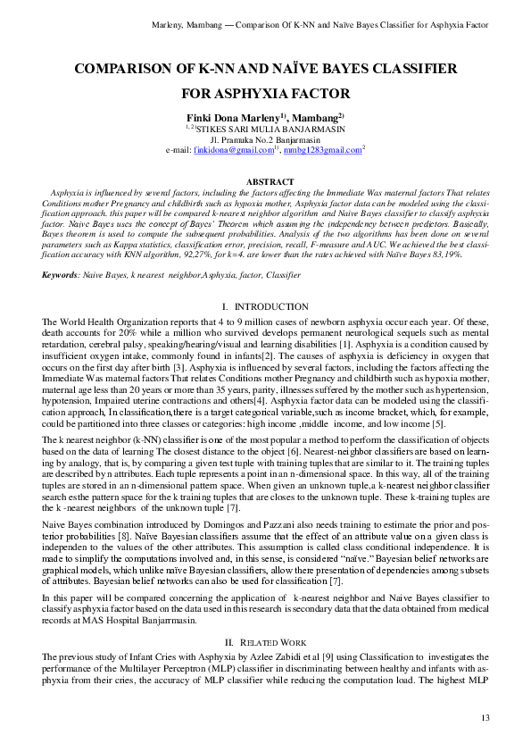 (PDF) Comparison of K-NN and Naïve Bayes Classifier for Asphyxia Factor