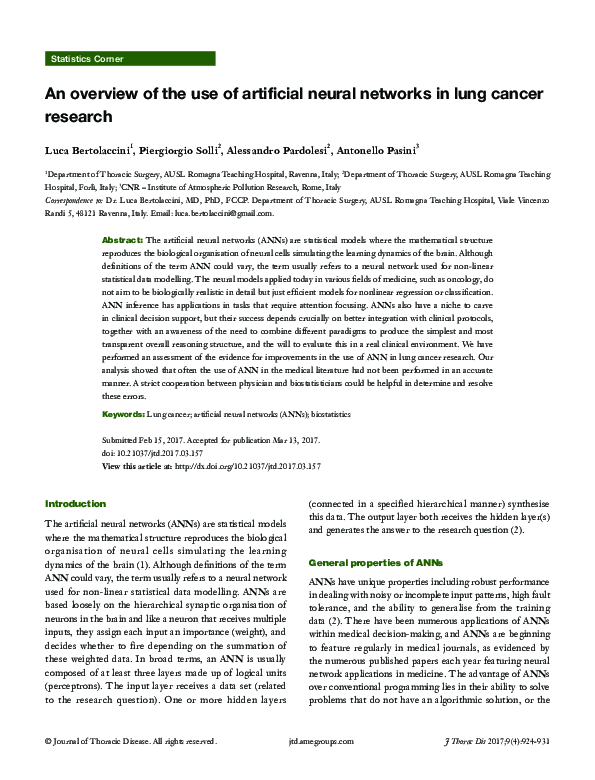 (PDF) An overview of the use of artificial neural networks in lung ...