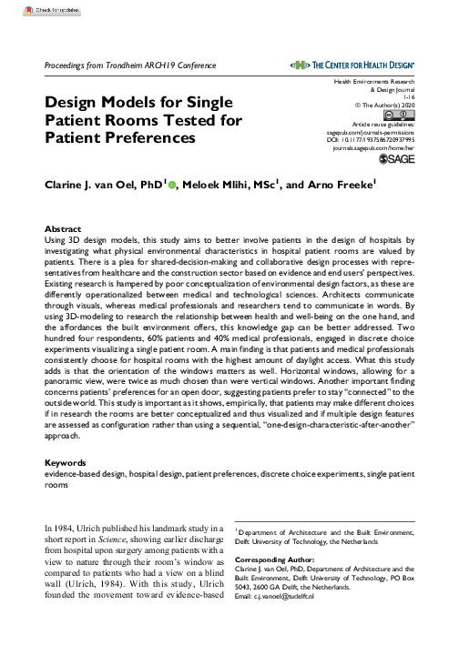 (PDF) Design Models for Single Patient Rooms Tested for Patient Preferences