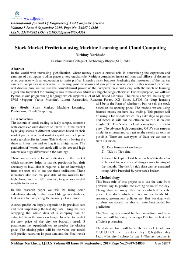 (PDF) Stock Market Prediction using Machine Learning and Cloud Computing