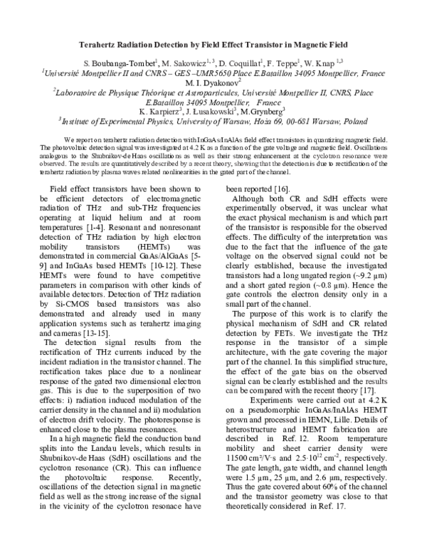 (PDF) Terahertz radiation detection by field effect transistor in ...