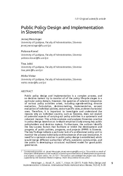 (PDF) Public Policy Design and Implementation in Slovenia