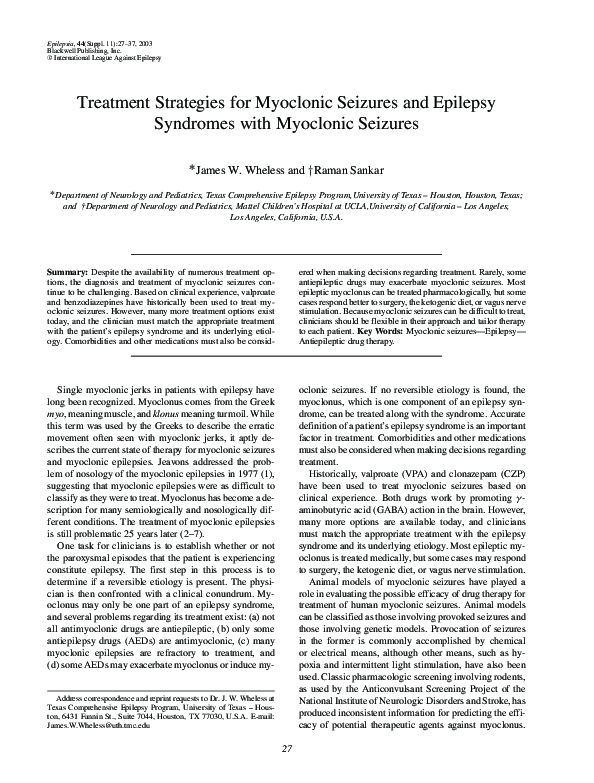 (PDF) Treatment Strategies for Myoclonic Seizures and Epilepsy ...
