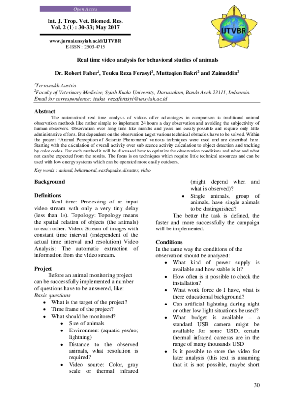 (PDF) Real time video analysis for behavioral studies of animals