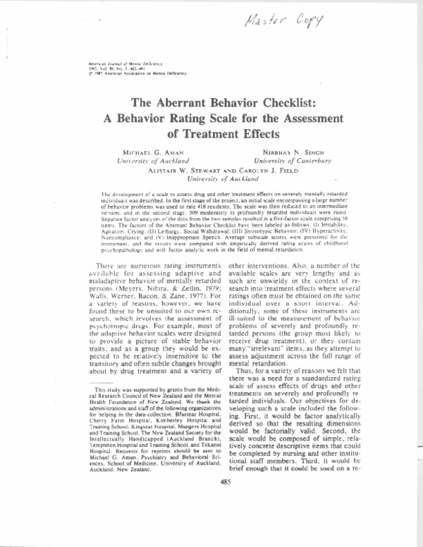 (PDF) The aberrant behavior checklist: a behavior rating scale for the ...