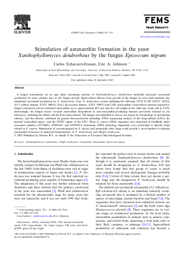 (PDF) Stimulation of astaxanthin formation in the yeast by the fungus