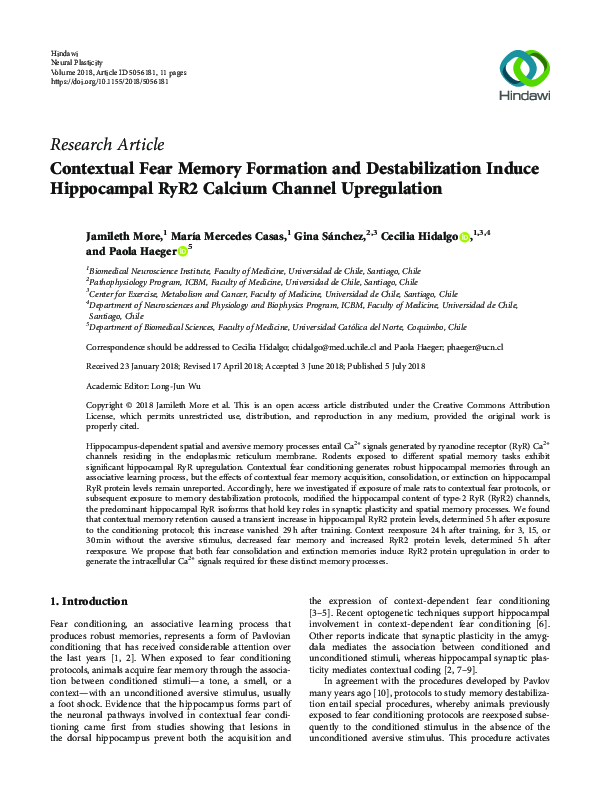 (PDF) Contextual Fear Memory Formation and Destabilization Induce ...