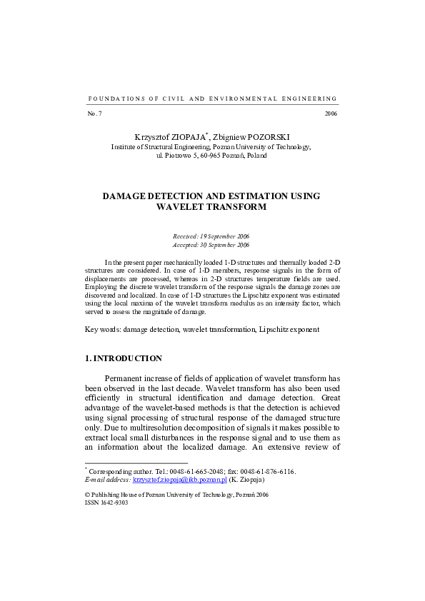 (PDF) F Damage Detection and Estimation Using Wavelet Transform