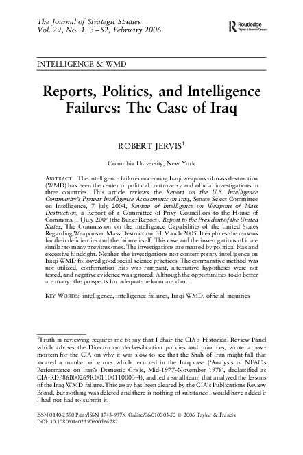 (PDF) Reports, politics, and intelligence failures: The case of Iraq