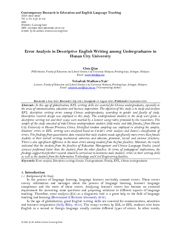 (PDF) Error Analysis in Descriptive English Writing among ...