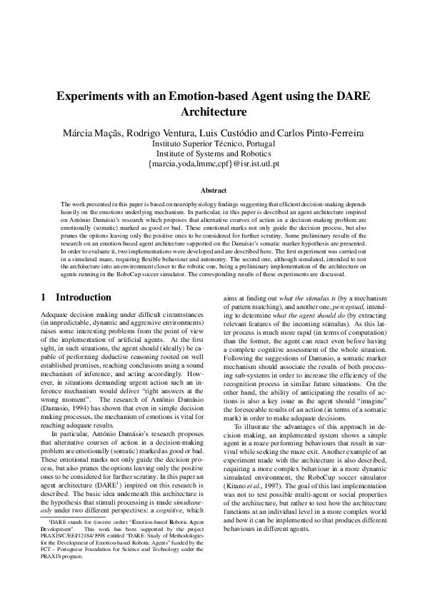 (PDF) Experiments with an emotion-based agent using the DARE architecture