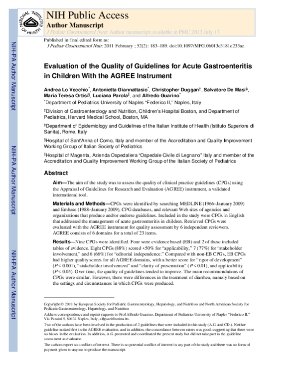 (PDF) Evaluation of the Quality of Guidelines for Acute Gastroenteritis ...