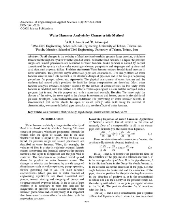 Pdf Water Hammer Analysis By Characteristic Method Pdf Water Hammer Analysis By Characteristic Method