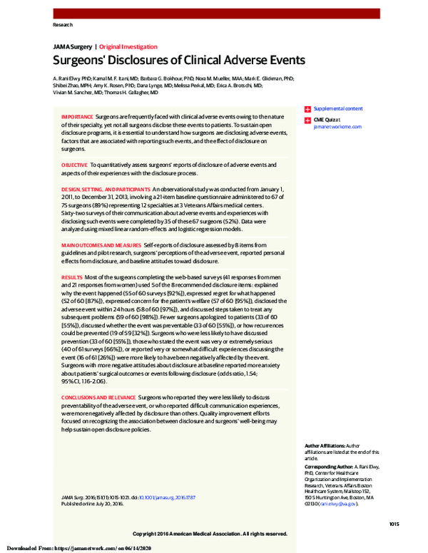 (PDF) Surgeons’ Disclosures of Clinical Adverse Events