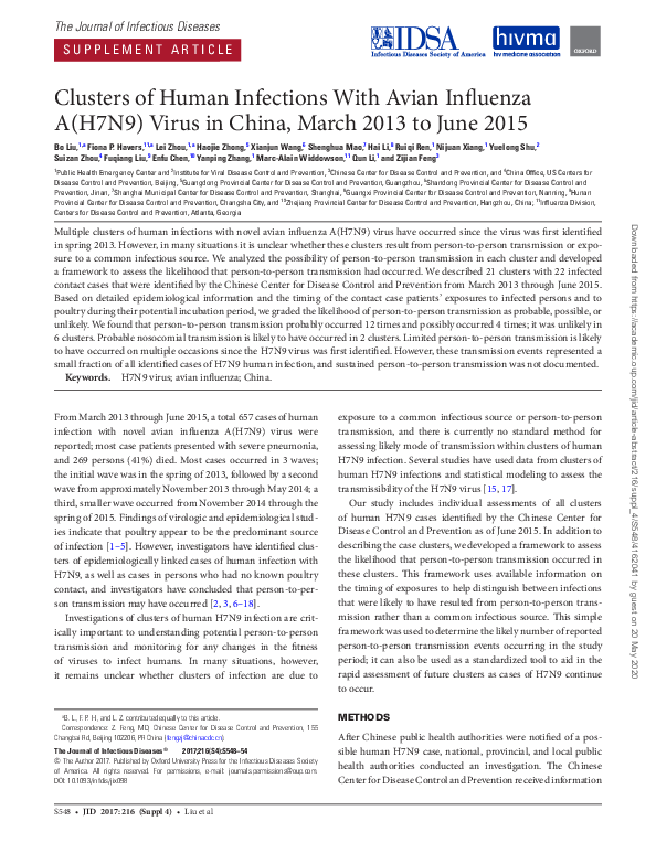 (PDF) Clusters of Human Infections With Avian Influenza A(H7N9) Virus ...