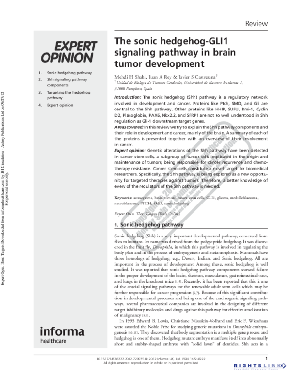 (PDF) The sonic hedgehog-GLI1 signaling pathway in brain tumor development
