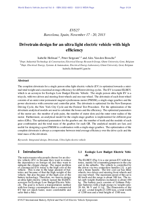 (PDF) Drivetrain design for an ultra light electric vehicle with high ...