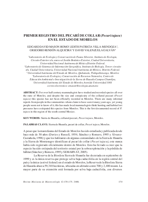 (PDF) PRIMER REGISTRO DEL PECARÍ DE COLLAR (Pecari tajacu) EN EL ESTADO ...