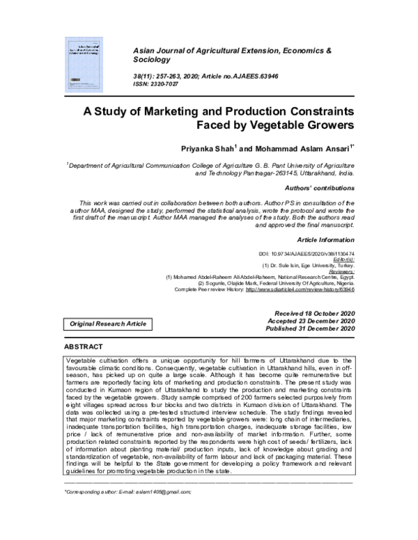 (PDF) A Study of Marketing and Production Constraints Faced by ...