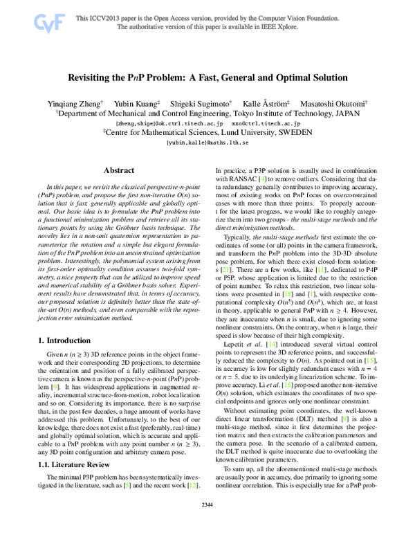 (PDF) Revisiting the PnP Problem: A Fast, General and Optimal Solution