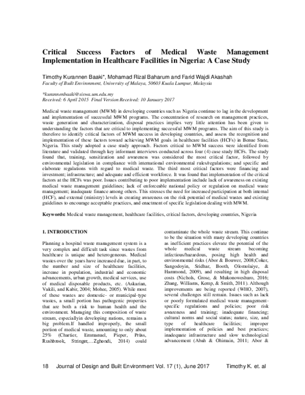(PDF) Critical Success Factors of Medical Waste Management ...