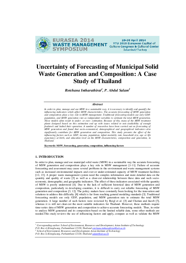 (PDF) Uncertainty of Forecasting Municipal Solid Waste Generation and ...