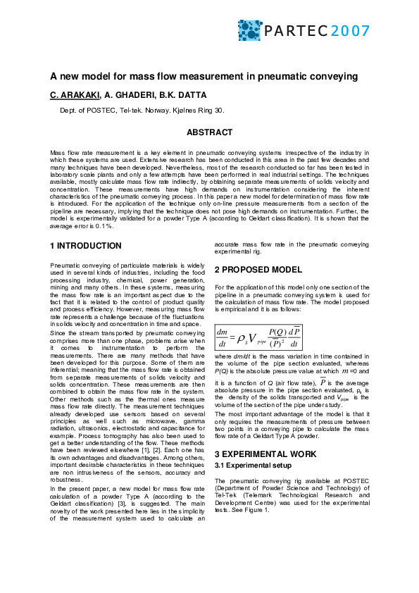 (PDF) A new model for mass flow measurement in pneumatic conveying