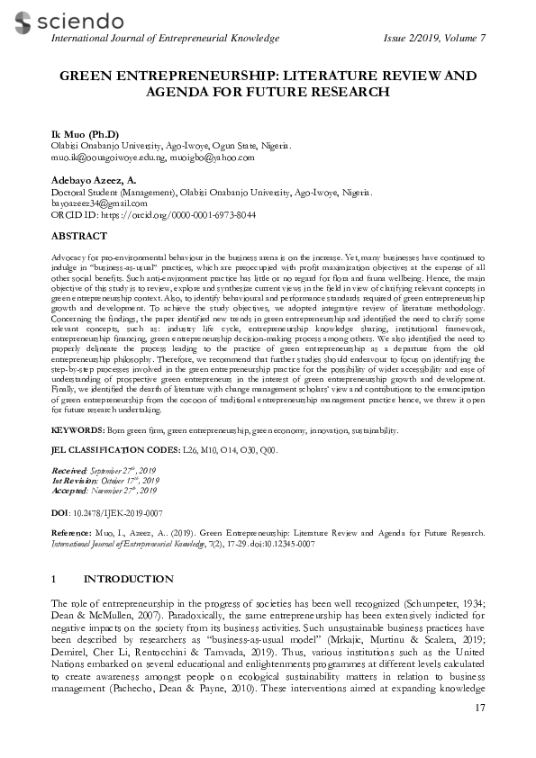 (PDF) Green Entrepreneurship: Literature Review and Agenda for Future ...