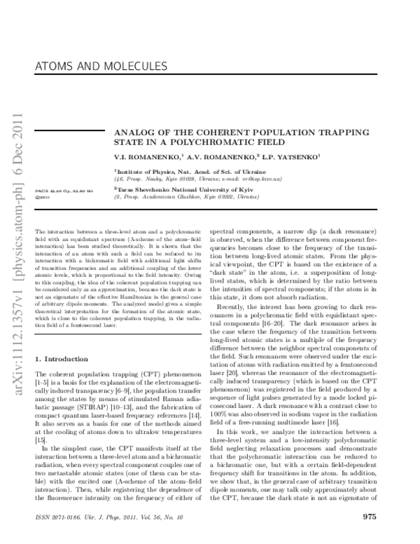 (PDF) Analog of the coherent population trapping state in a ...
