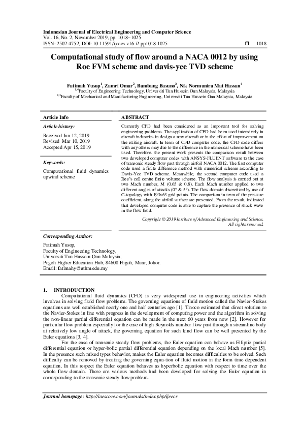 (PDF) Computational study of flow around a NACA 0012 by using Roe FVM ...