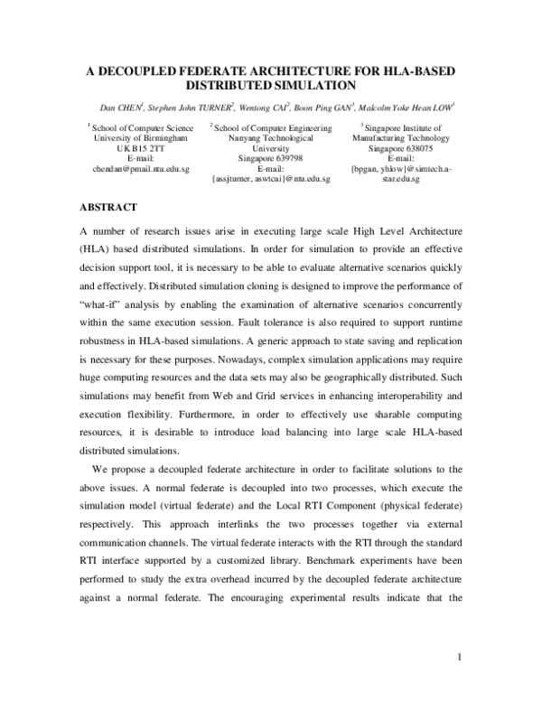(PDF) A Decoupled Federate Architecture for Hla-Based Distributed ...