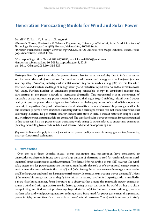 (PDF) Generation Forecasting Models for Wind and Solar Power