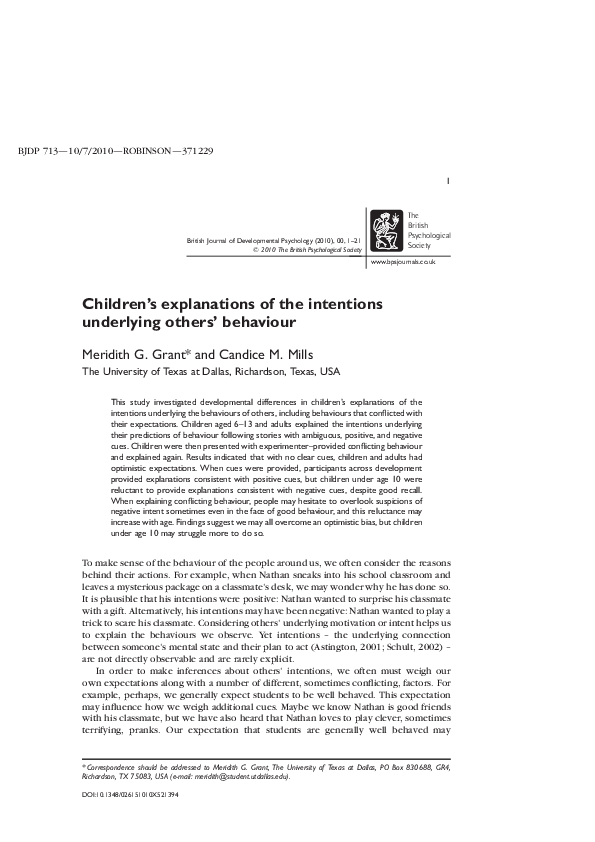 (PDF) Children's explanations of the intentions underlying others ...