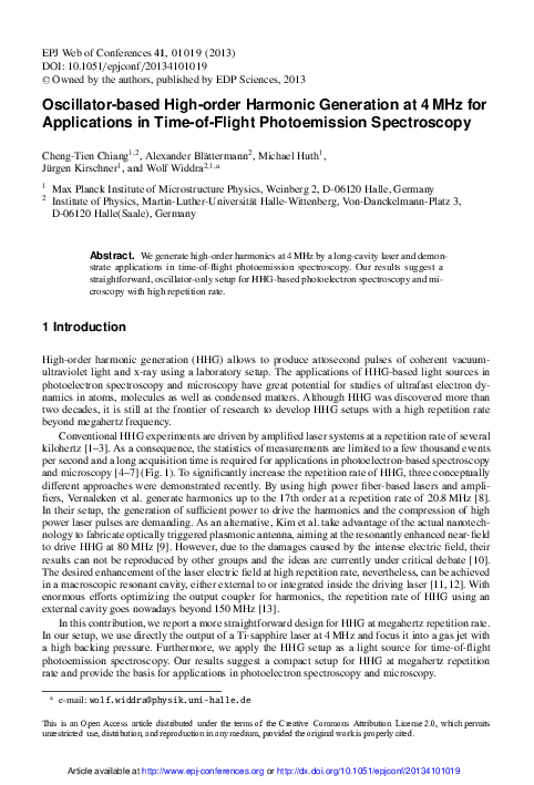 (PDF) Oscillator-based High-order Harmonic Generation at 4 MHz for ...