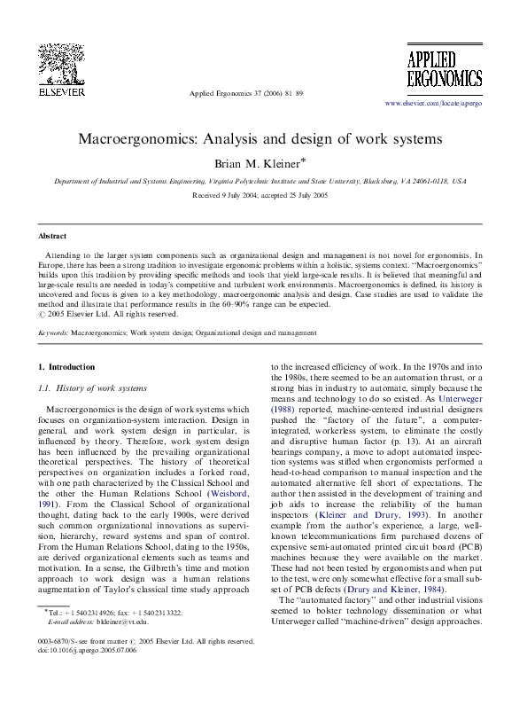 (PDF) Macroergonomics: Analysis and design of work systems