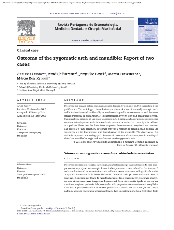 (PDF) Osteoma of the zygomatic arch and mandible: Report of two cases