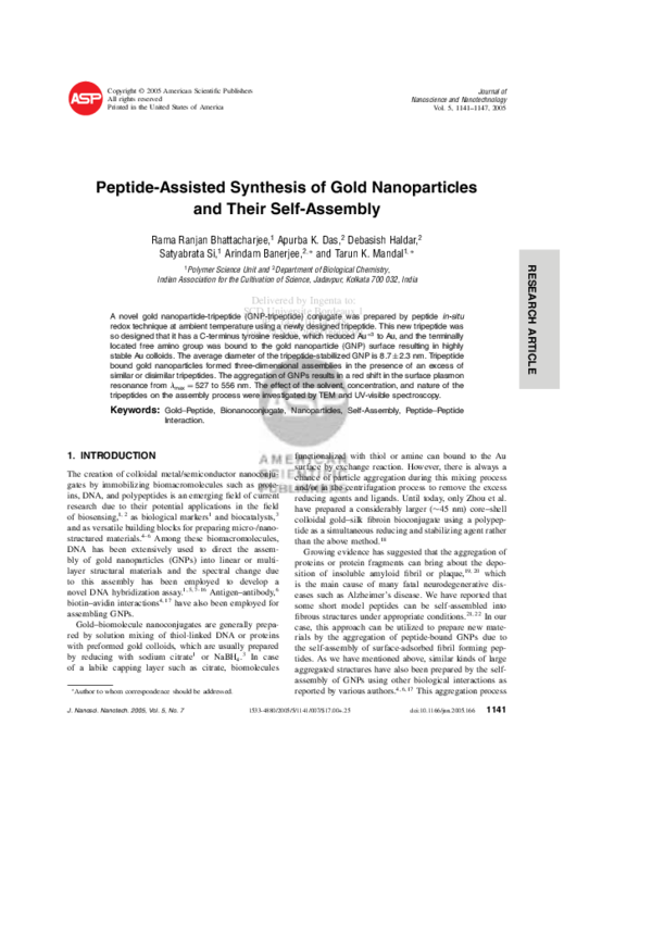 (PDF) Peptide-Assisted Synthesis of Gold Nanoparticles and Their Self ...