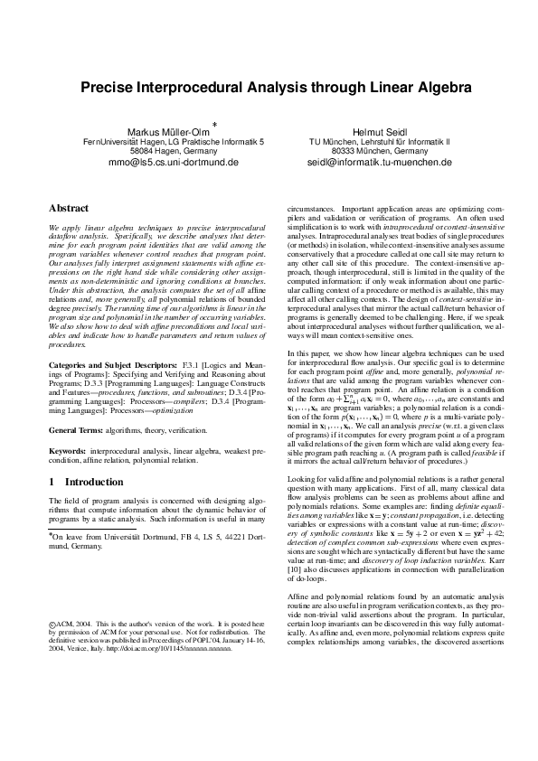 (PDF) Precise interprocedural analysis through linear algebra