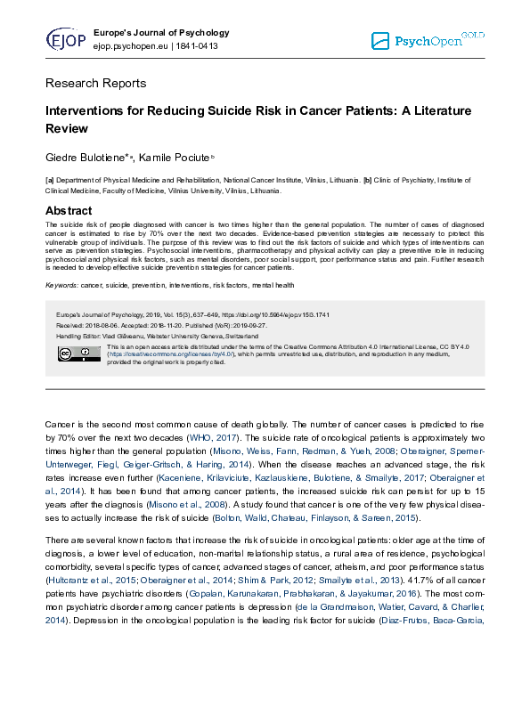 (PDF) Interventions for reducing suicide risk in cancer patients: A ...