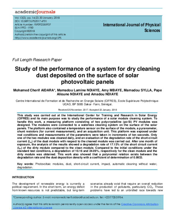 (PDF) Study of the performance of a system for dry cleaning dust ...