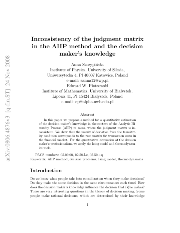 (PDF) Inconsistency of the judgment matrix in the AHP method and the ...