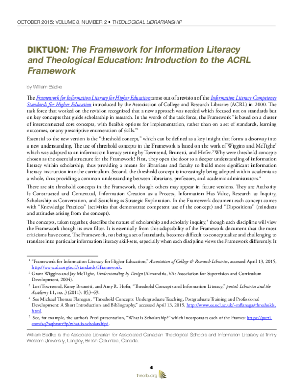 (PDF) The Framework for Information Literacy and Theological Education