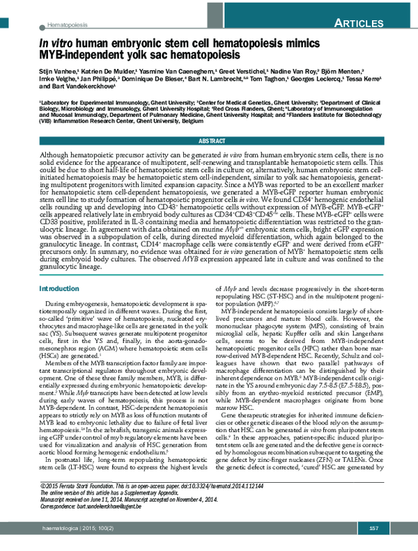 (PDF) In vitro human embryonic stem cell hematopoiesis mimics MYB ...